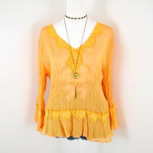VTG 00s Y2K Piano Orange Sheer Crinkle Pleated Sequin Lace Trim Bell Sleeve Top